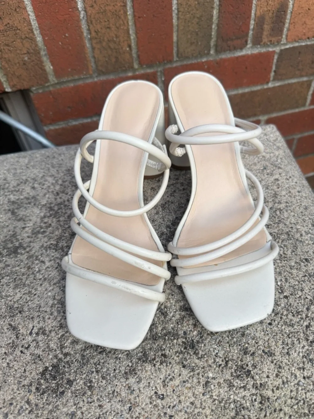 Nine West Strappy Block Heel Sandals Cream Ivory Square Toe Size 8.5M